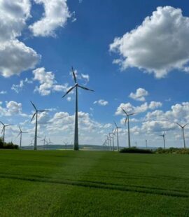Windräder auf einer grünen Wiese mit blauem, leicht bedecktem Himmel